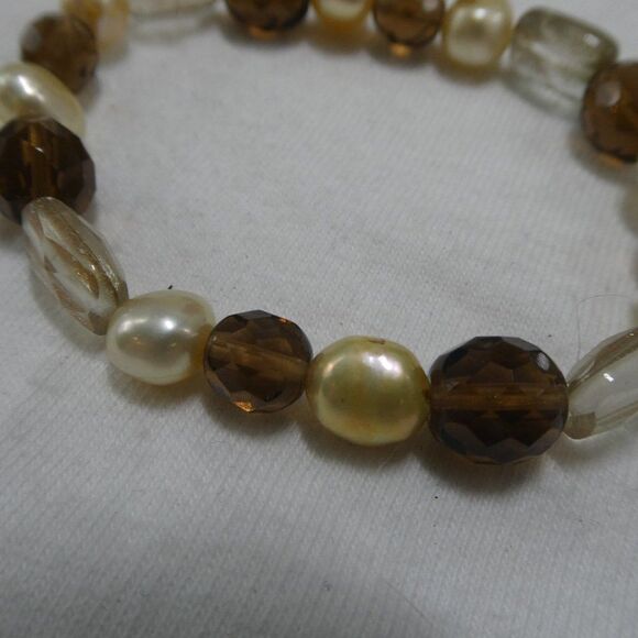 Genuine Pearl Faceted Beaded Bracelet Adjustable Stretchy Neutral Brown - Picture 4 of 5
